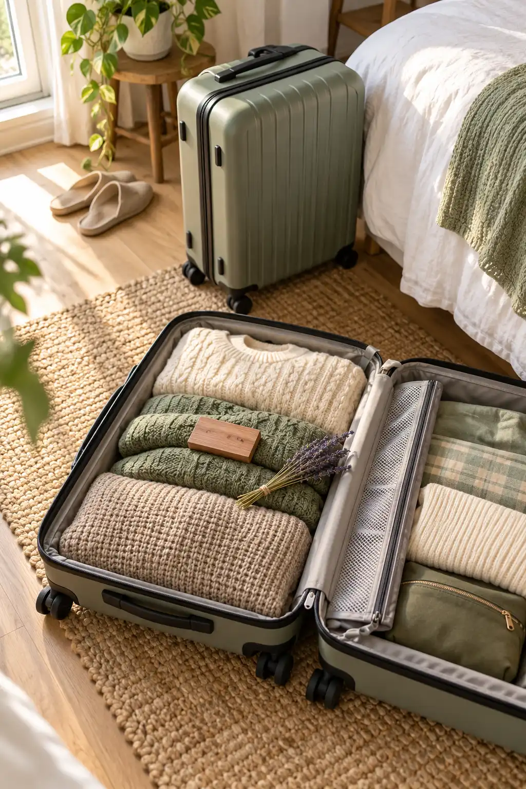 Open suitcase packed with folded chunky sweaters for seasonal clothing storage in an apartment bedroom