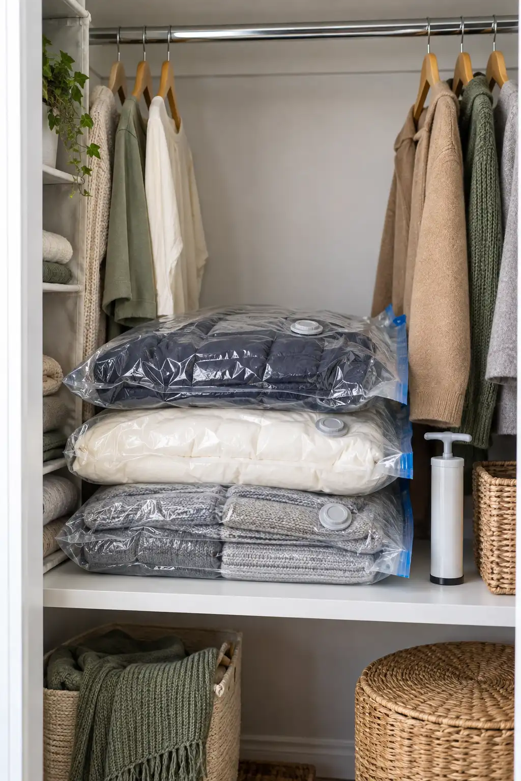 Vacuum-sealed bags holding a puffer jacket, comforter and sweaters stacked on a closet shelf