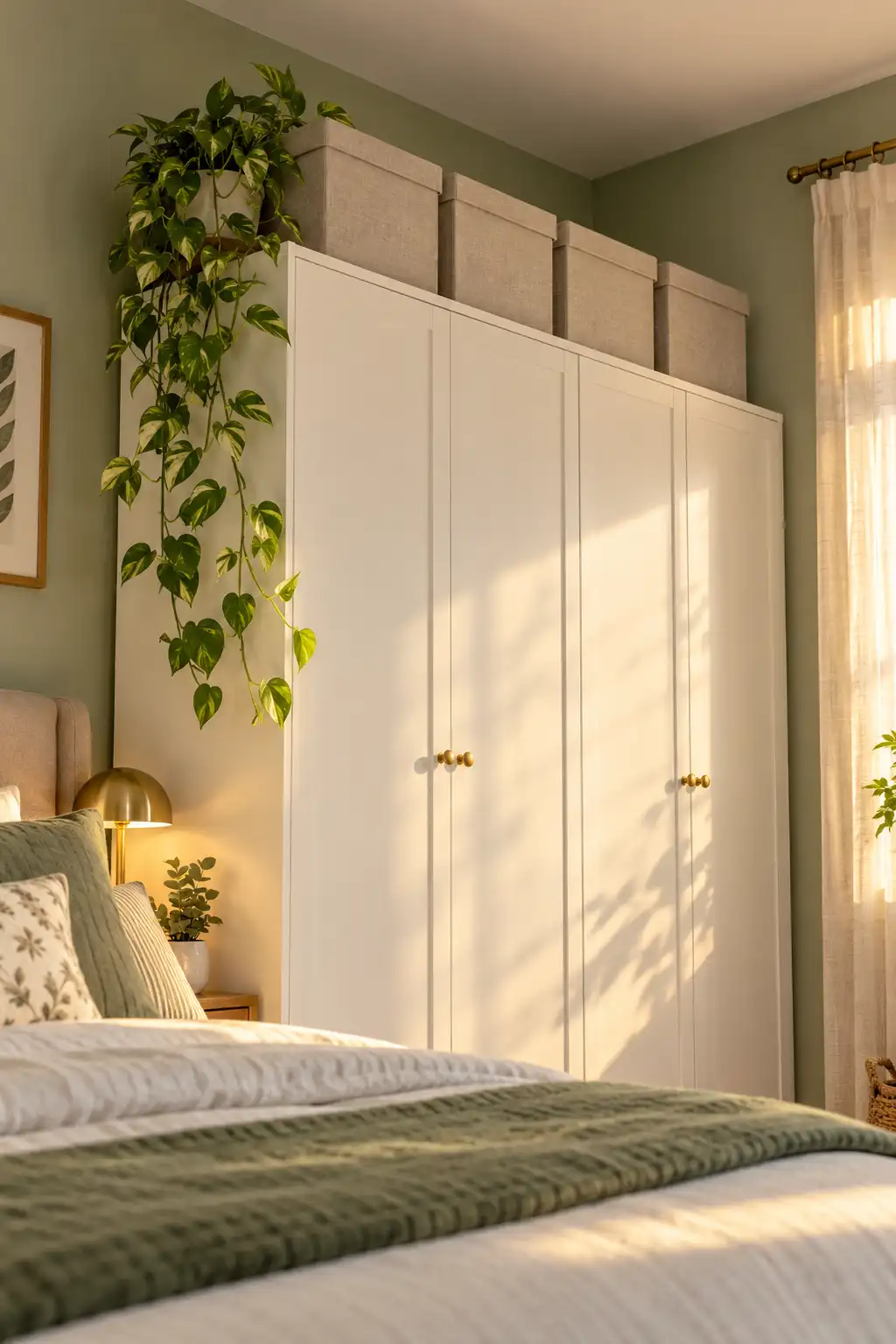 Matching lidded linen boxes on top of a white wardrobe in a small apartment bedroom