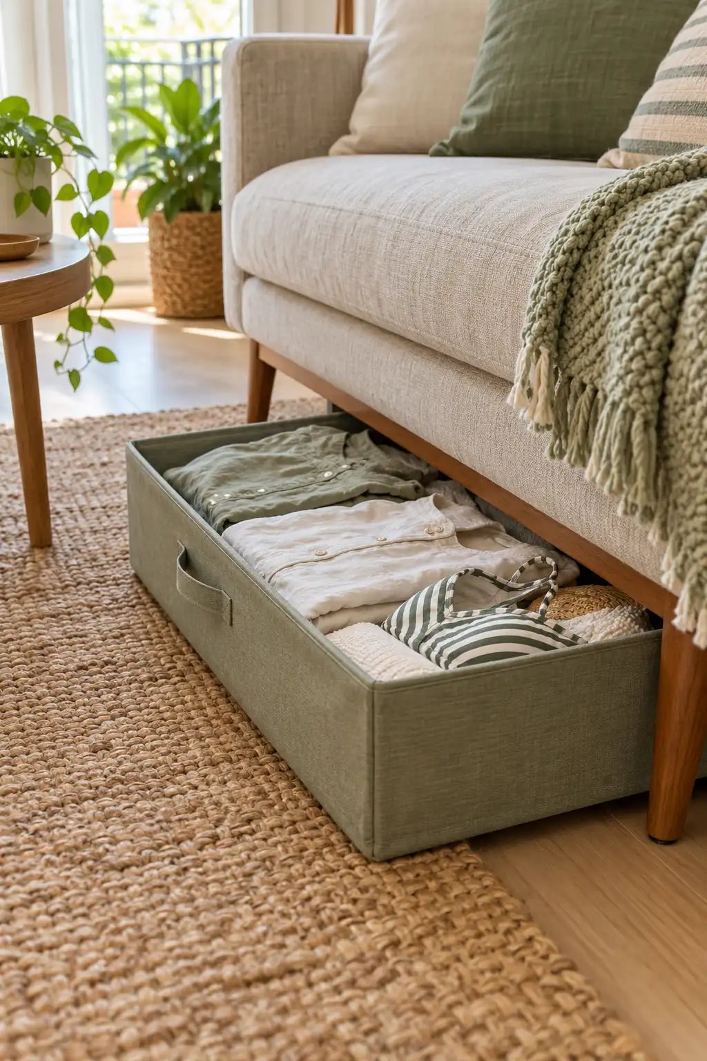 Fabric storage bin of summer clothes pulled out from under a sofa in a small living room