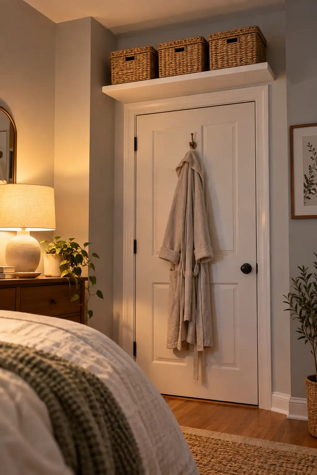 Floating shelf with three lidded baskets above a bedroom door for off-season clothes storage