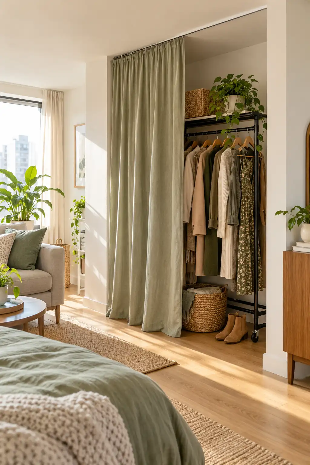 Curtained rolling rack in a studio apartment corner holding off-season coats and dresses
