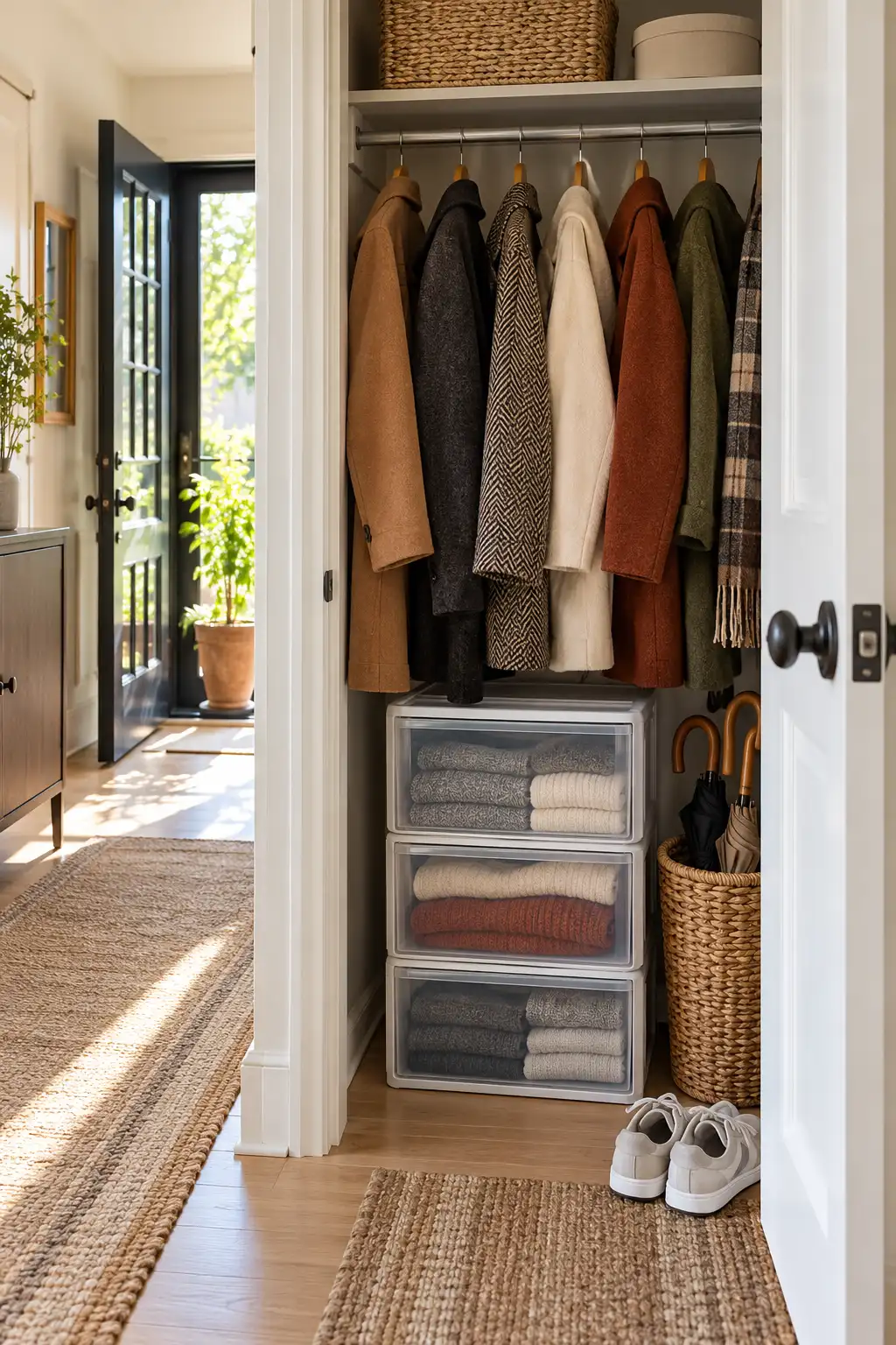 Clear stacked drawers on a coat closet floor holding folded off-season knits