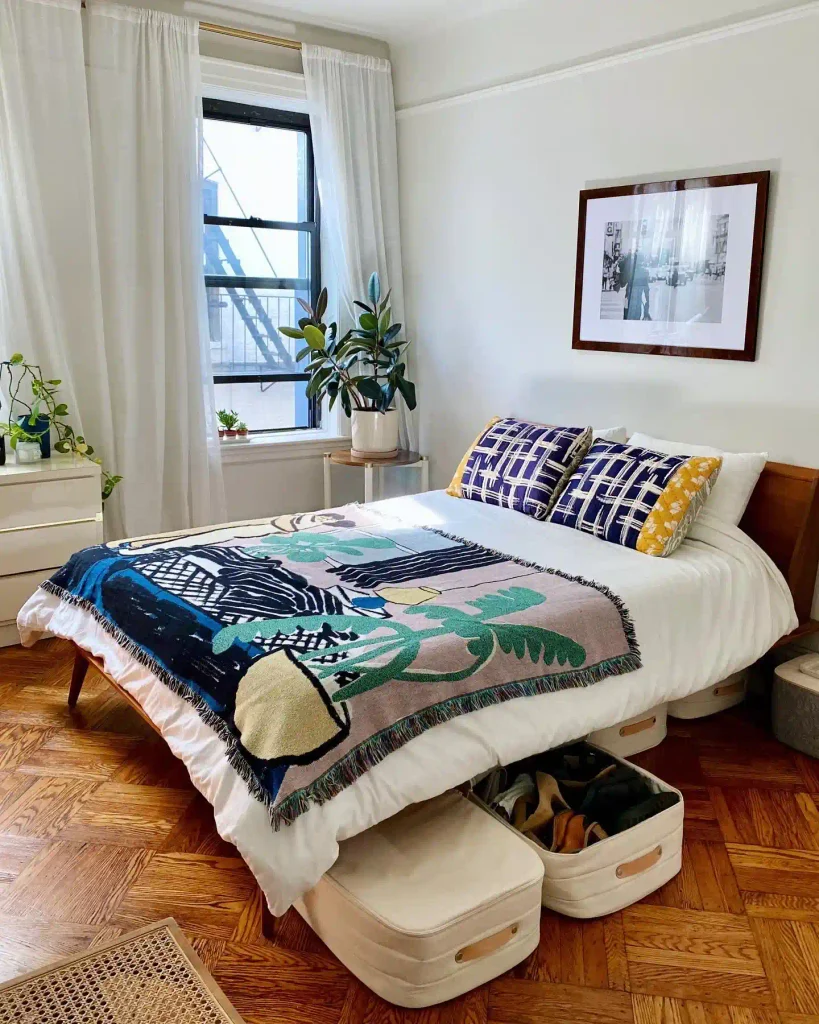 Soft Canvas Cases in the Gap Under a Leggy Bed