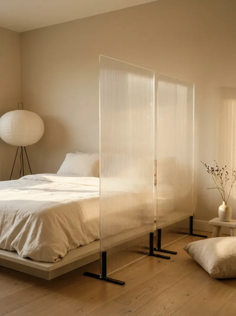 Acrylic panels beside platform bed