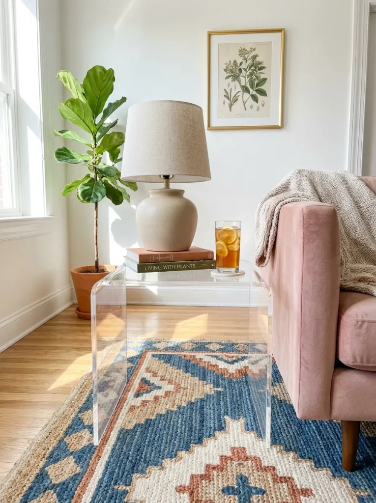 Acrylic table beside blush sofa