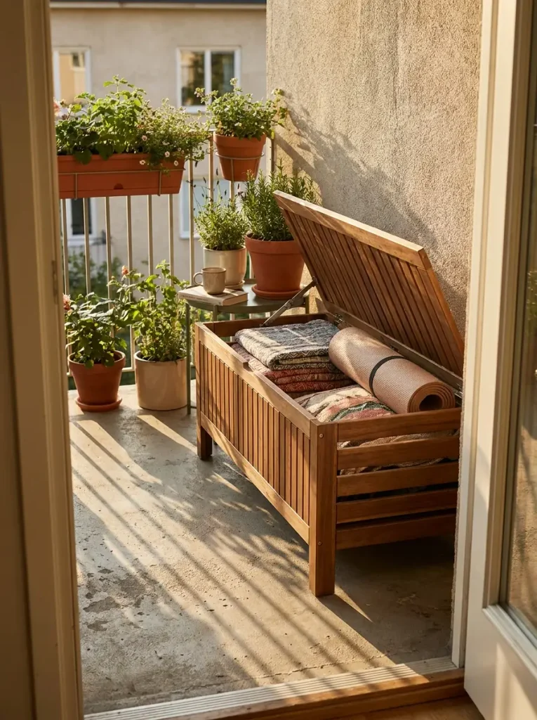 small apartment balcony with a slatted wooden storage bench against the wall