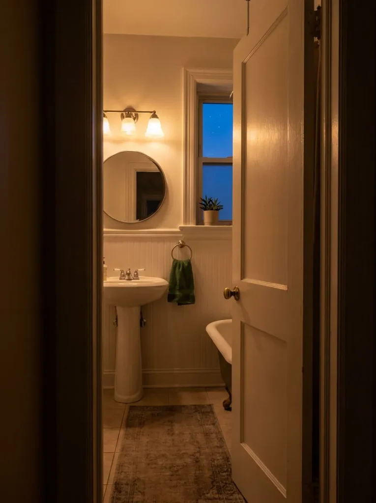 Apartment bathroom lit at dusk