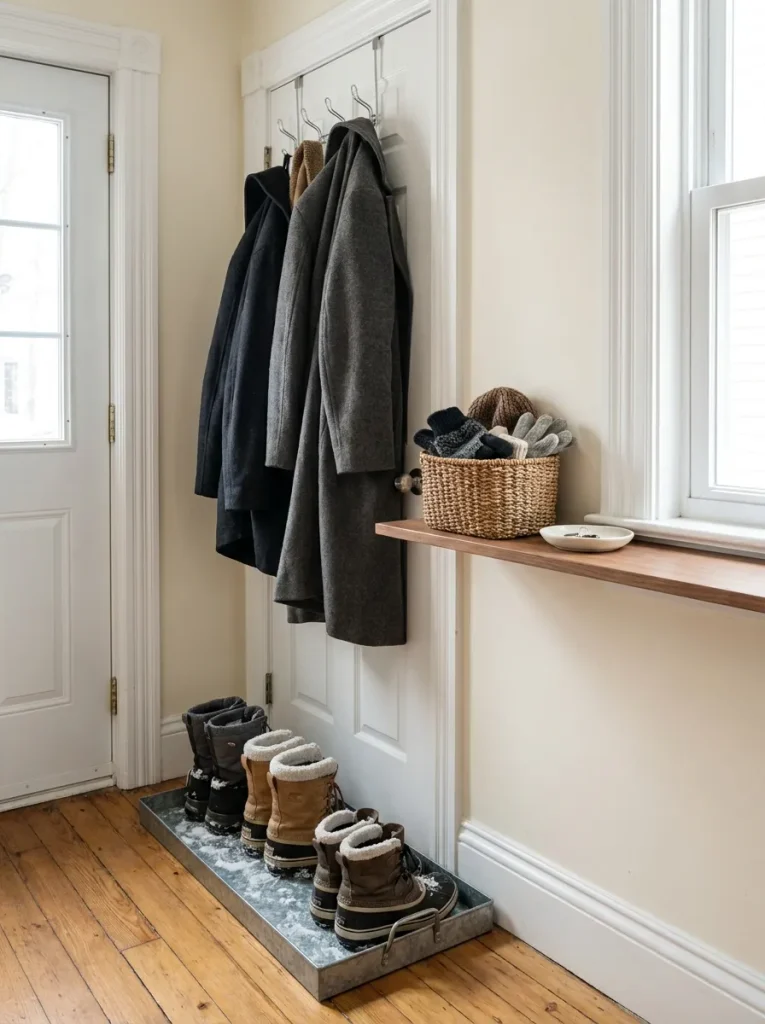 Apartment entryway with snowy boots