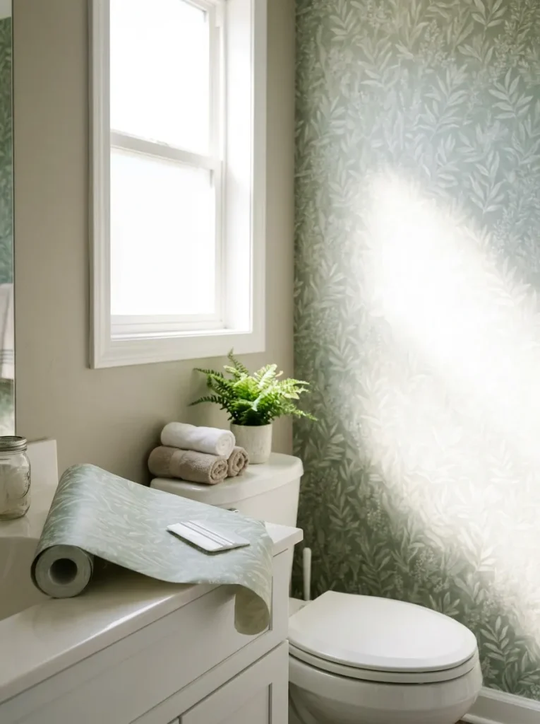 Applying wallpaper in bathroom