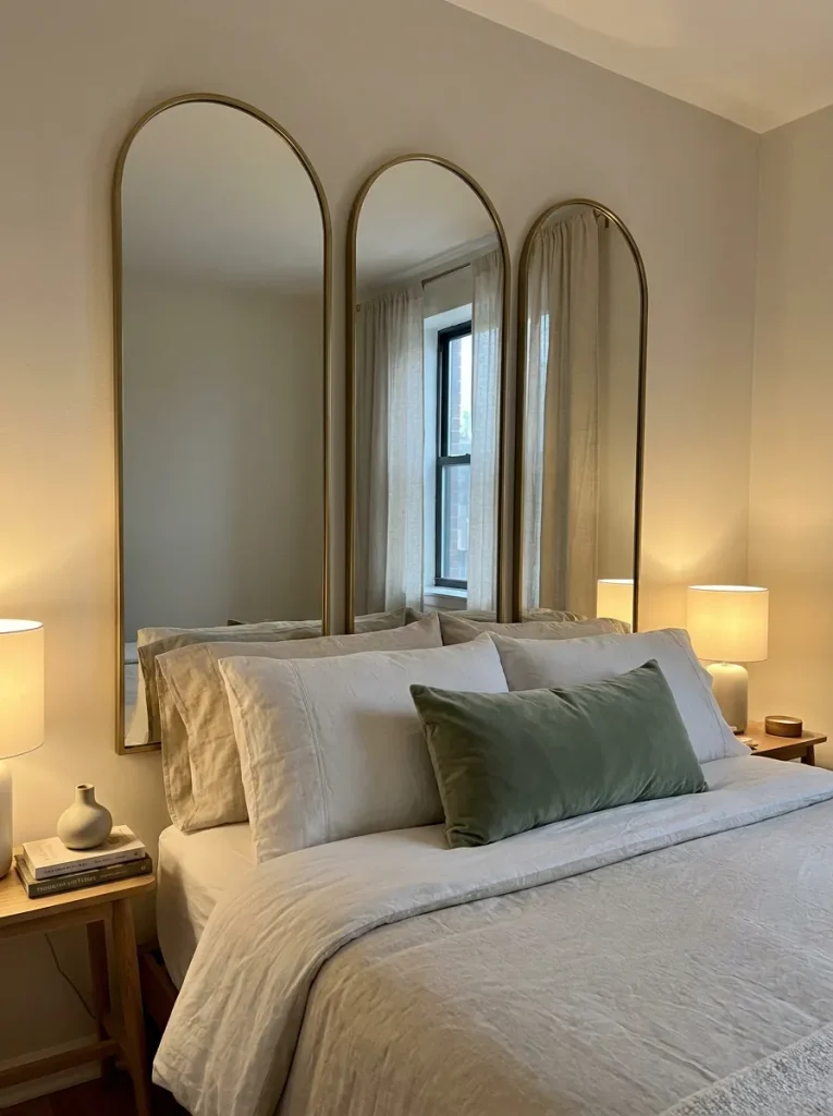 Arched mirrors above bed