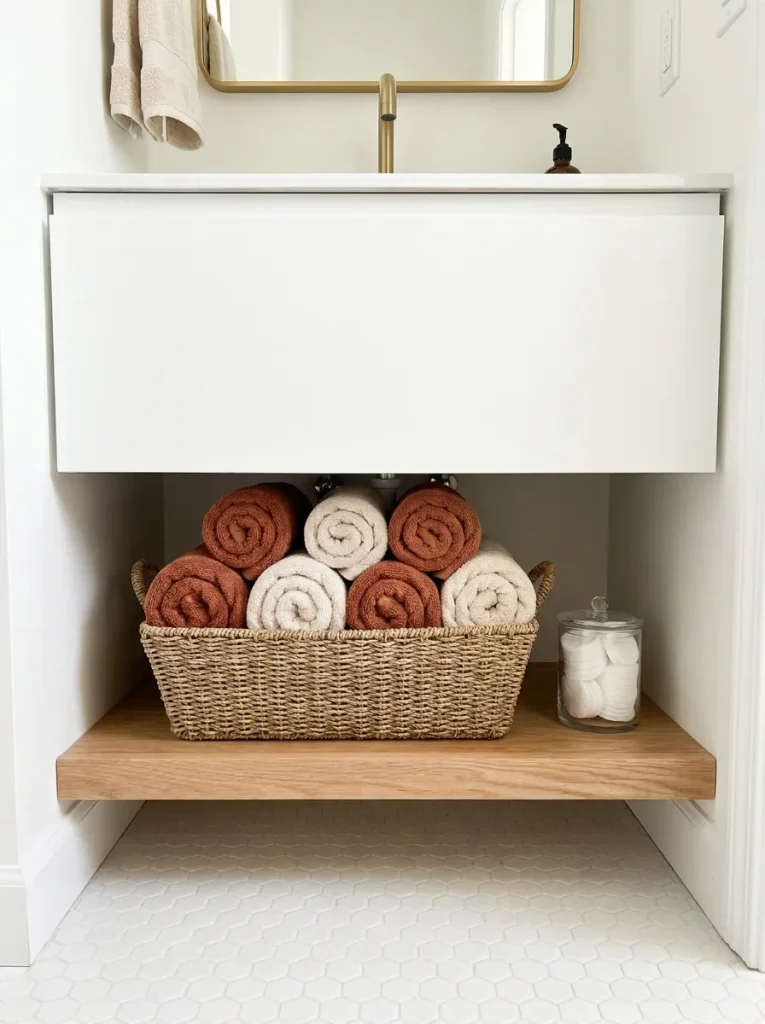 Basket holding towels on shelf