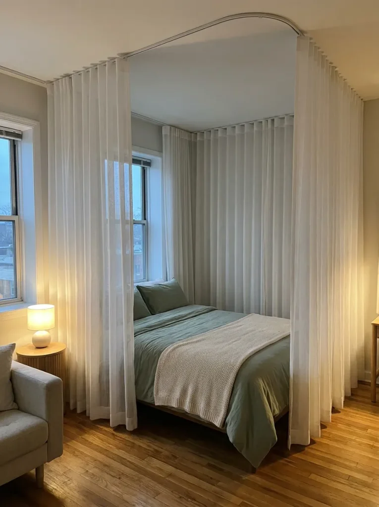 Bed tucked in studio apartment