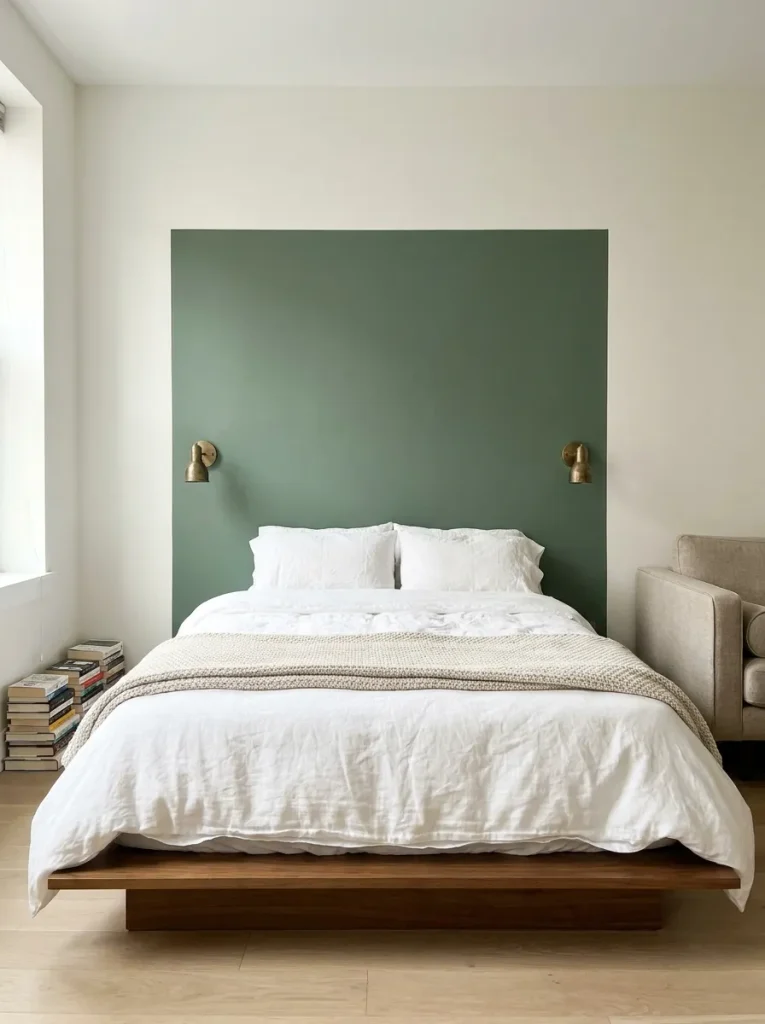 Bed with green painted wall
