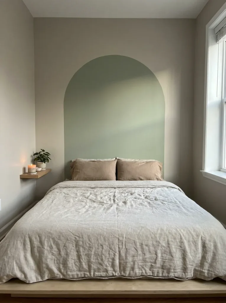 Bed with sage green arch