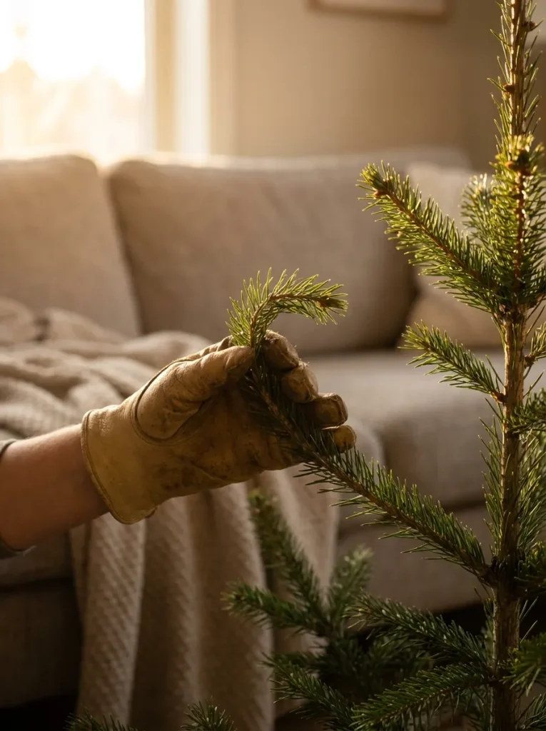 Bending evergreen branch tip