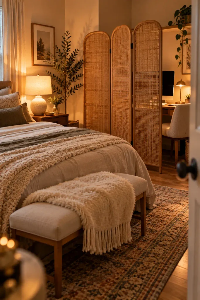 Boho Bedroom with Woven Workspace Divider
