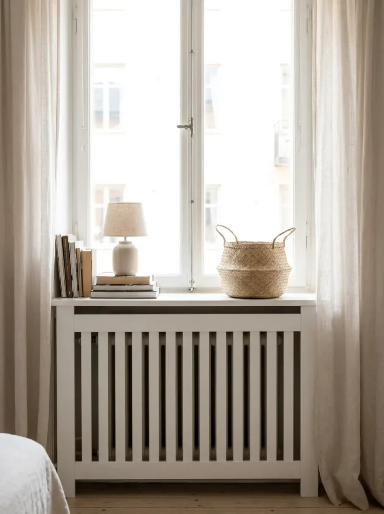Books and lamp on radiator cover…