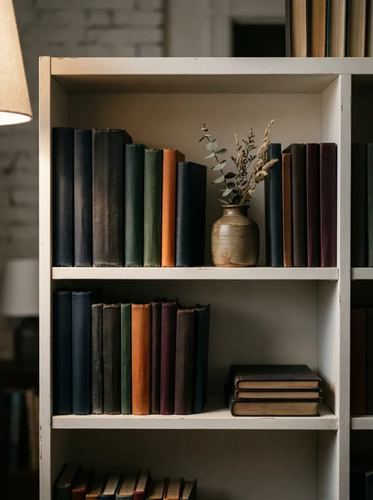 Books stacked on shelf