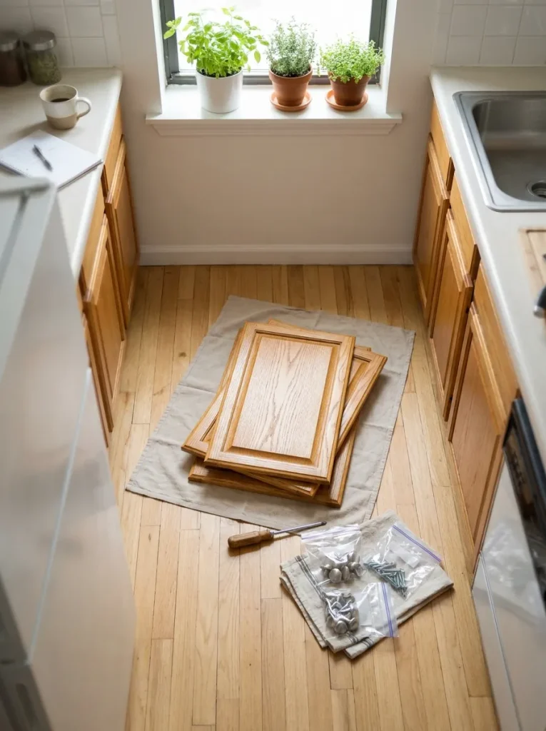 Cabinet doors stacked on floor