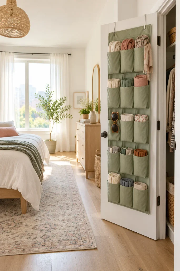 Calm Bedroom with Organised Door Storage
