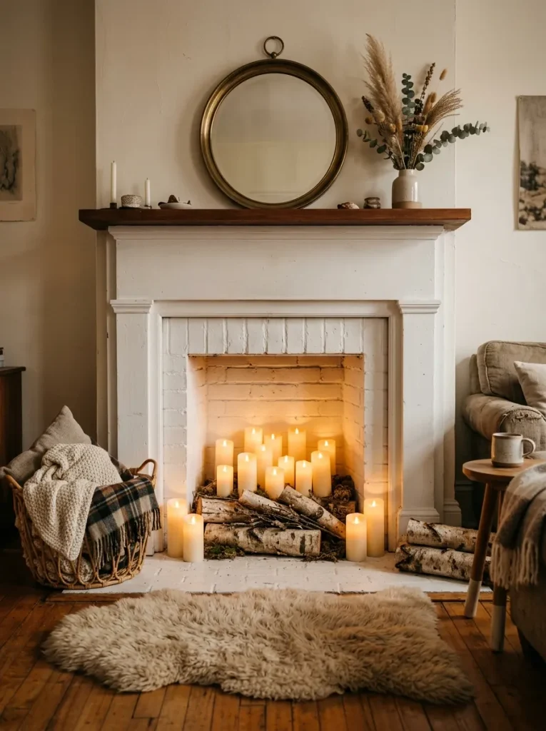 Candles glowing inside fireplace