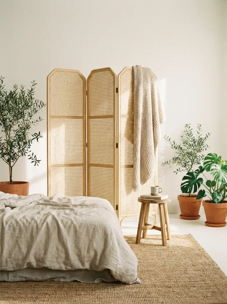 Cane folding screen near bed