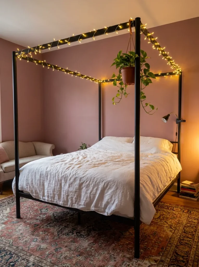 Canopy bed with string lights