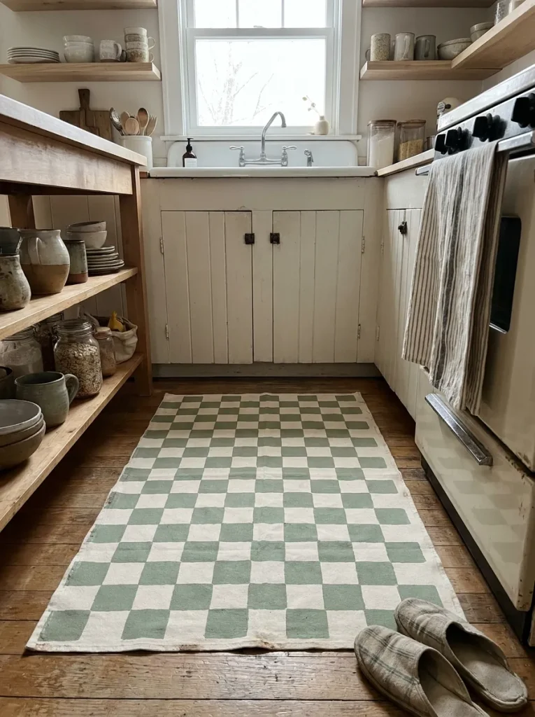 Canvas floor cloth in kitchen