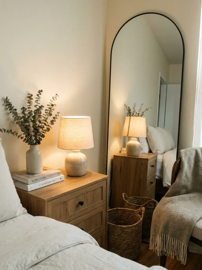 Ceramic lamp glowing on dresser