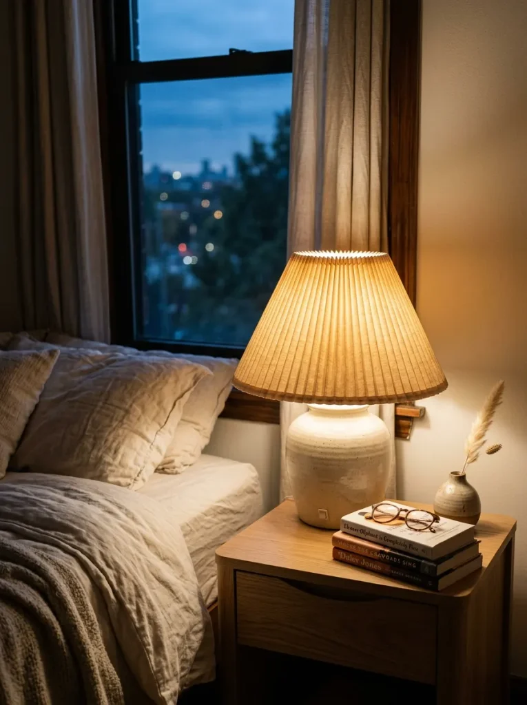 Ceramic table lamp glowing warmly