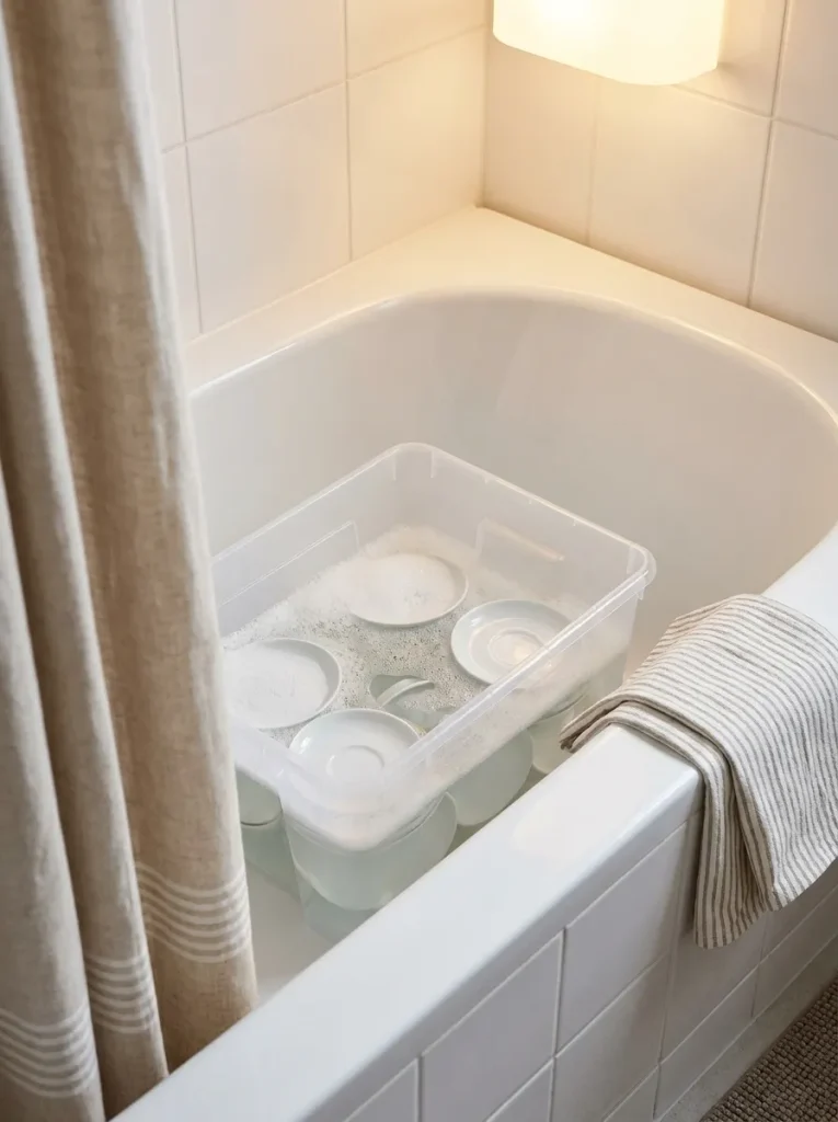 Cleaning dishes in apartment bathtub