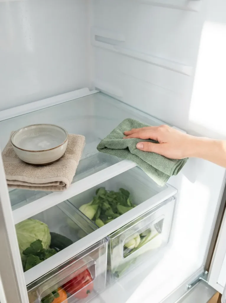 Cloth wiping refrigerator shelf