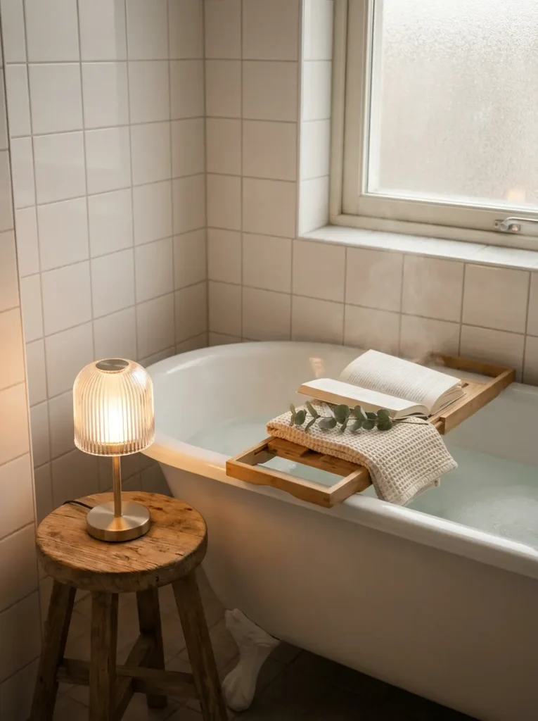 Cordless lamp beside bathtub