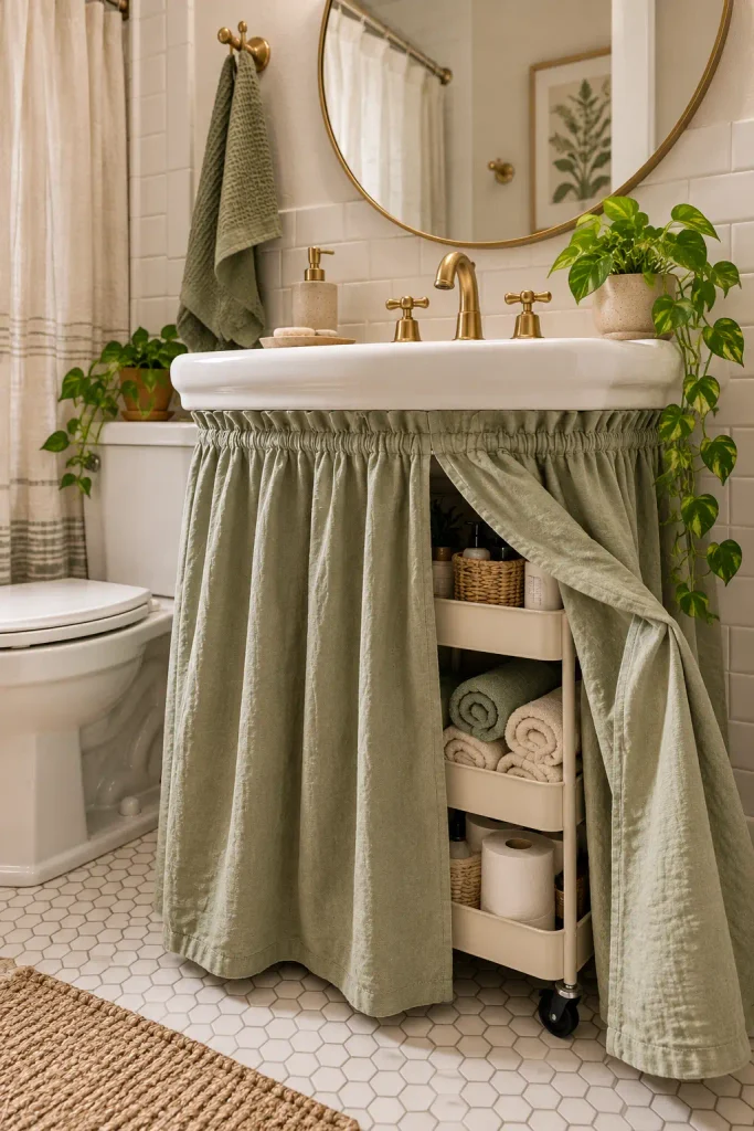 A Fabric Skirt That Turns a Pedestal Sink Into a Cabinet