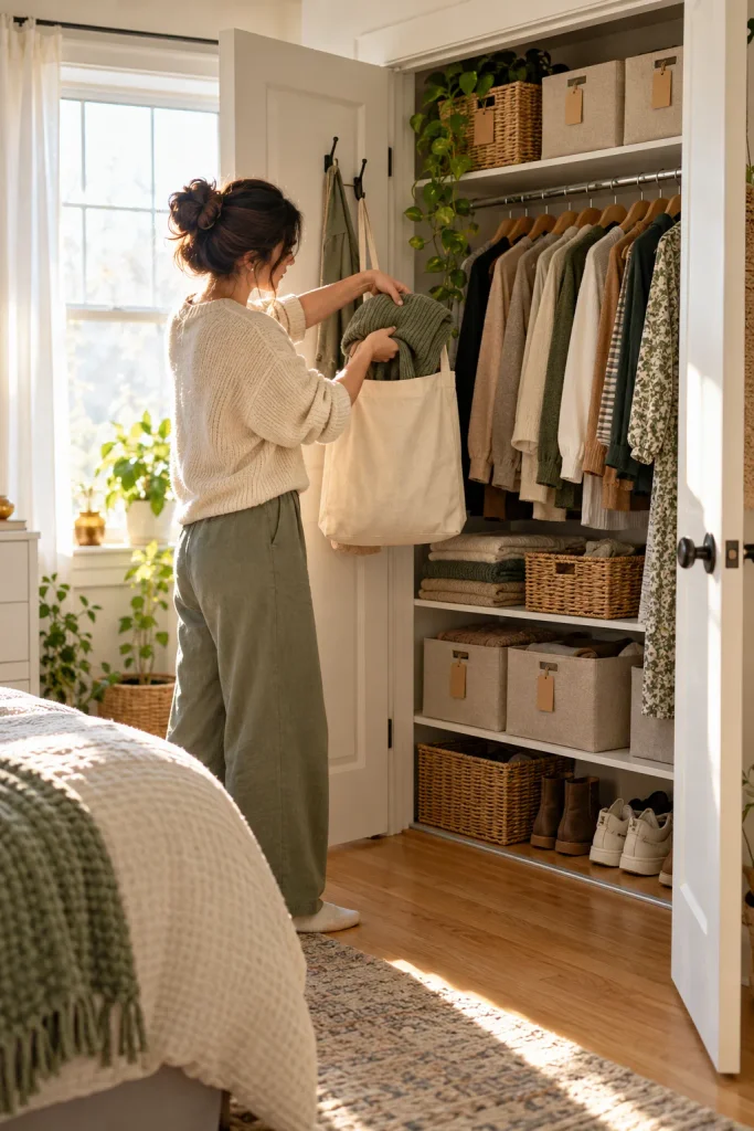 empty donate bag hanging on a hook inside your closet