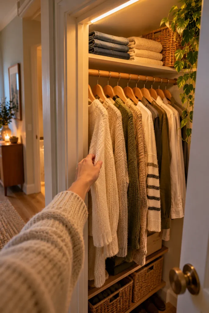 Cosy Wardrobe Selection in Warm Light
