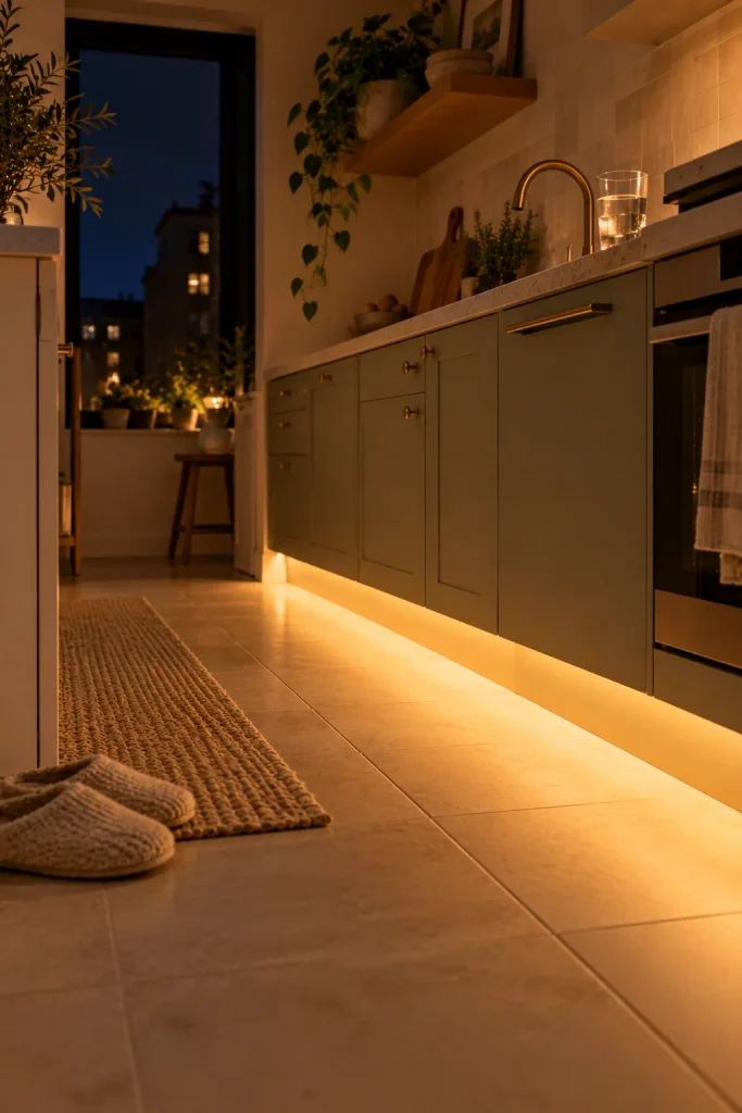 Cozy Olive Kitchen After Dark
