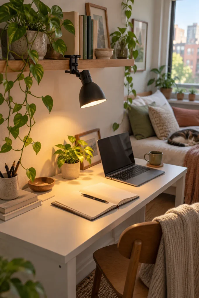 Cozy Scandinavian Desk Nook with Sleeping Cat