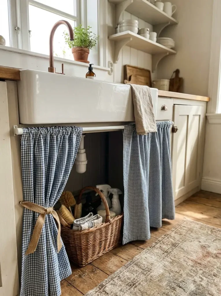 Curtain hanging under kitchen sink