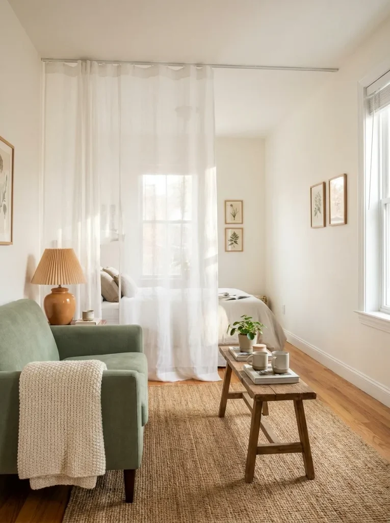 Curtain separating studio apartment
