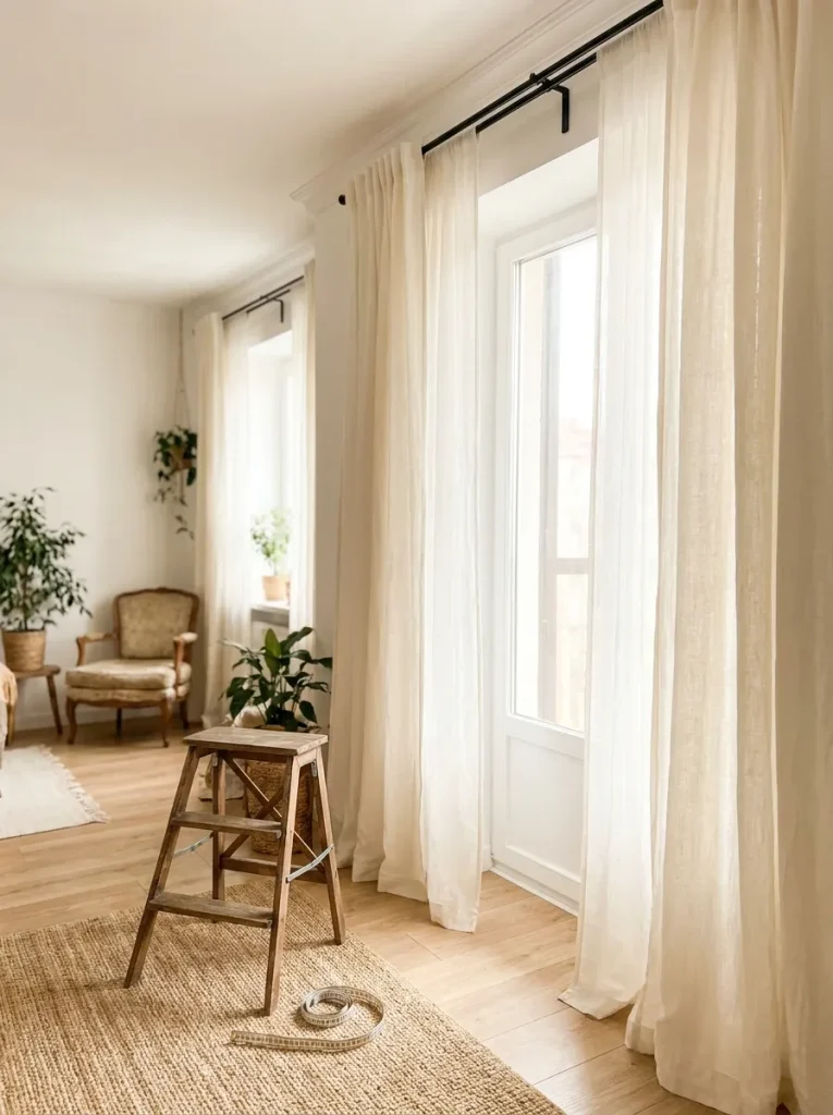 Curtains hanging from ceiling rod