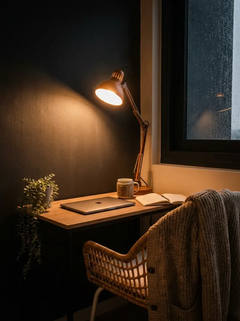 Desk lamp glowing on desk