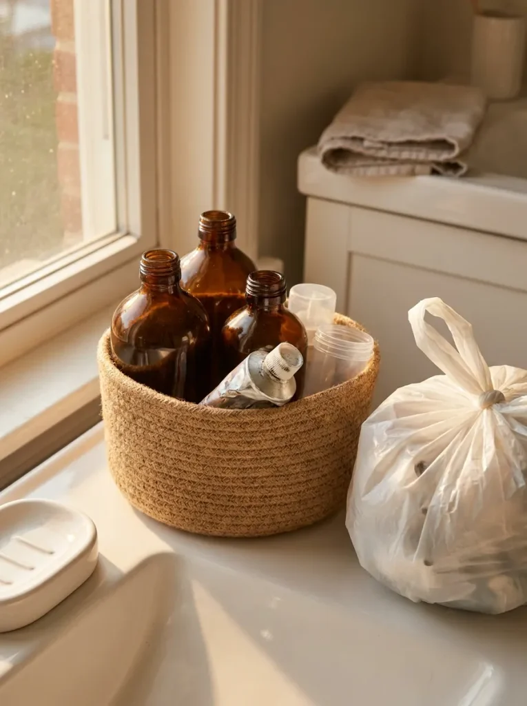 Empty bathroom products in basket