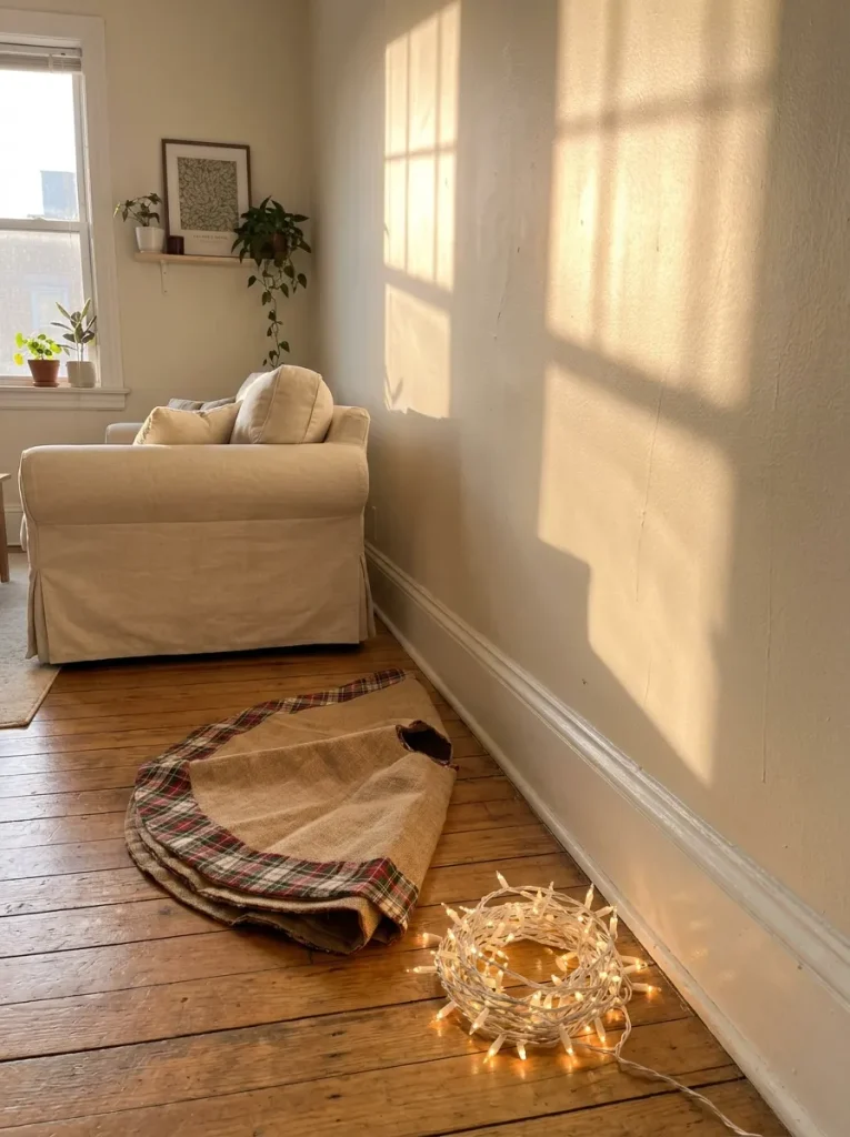 Empty living room Christmas setup