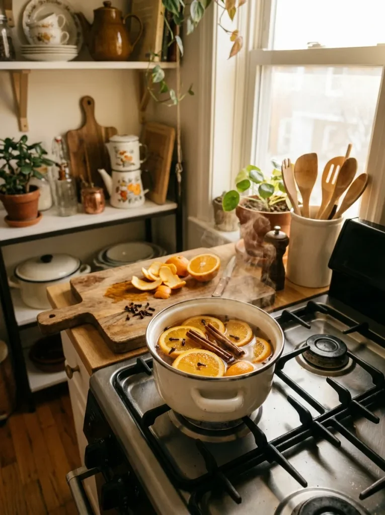Enamel pot simmering on stovetop