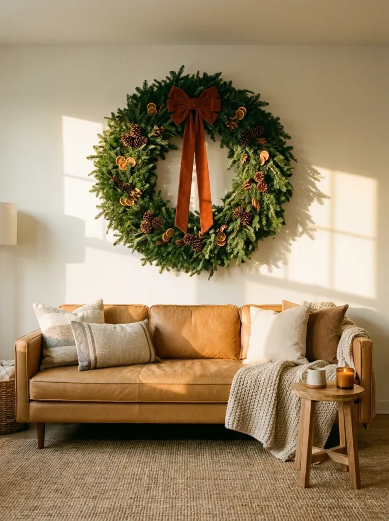 Evergreen wreath hanging on wall