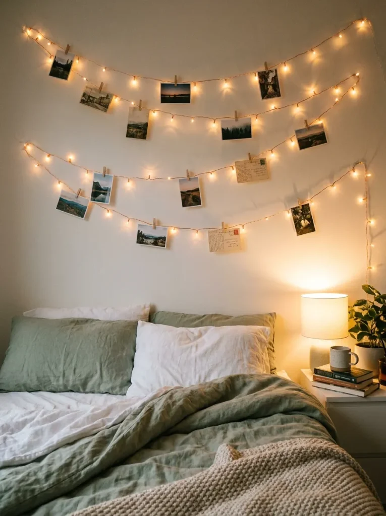Fairy lights above bed