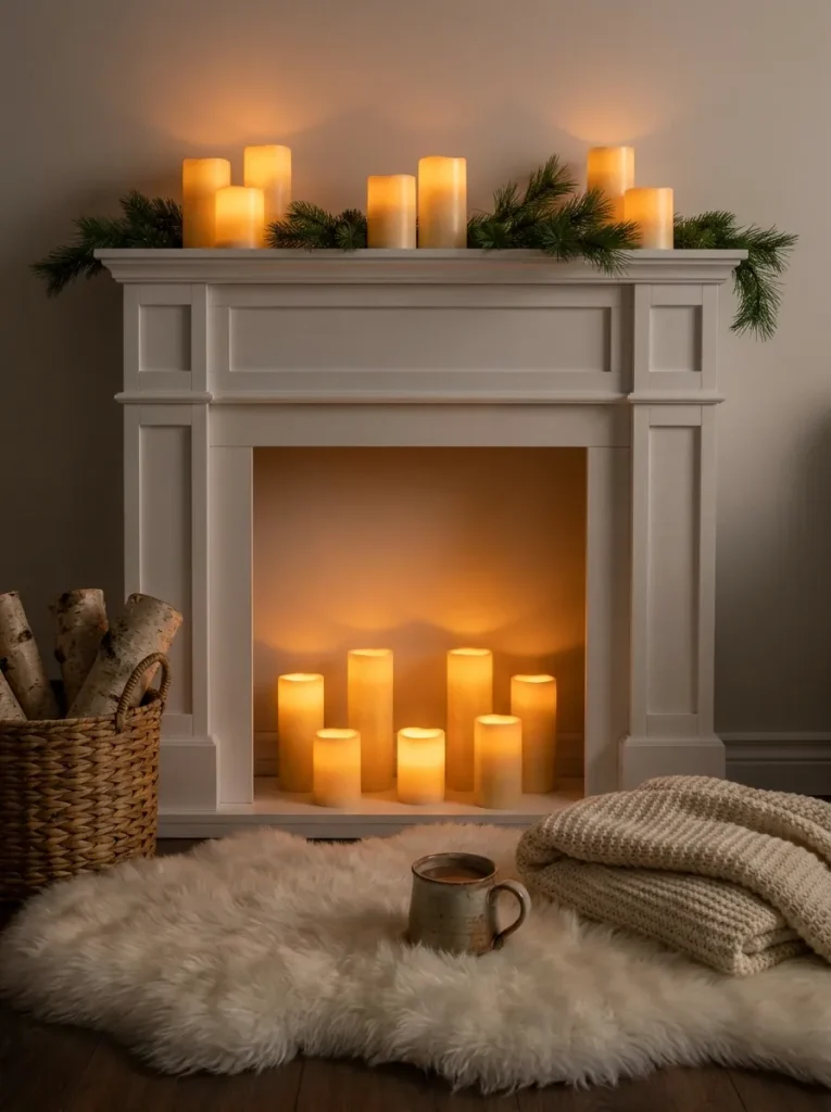 Faux fireplace with glowing candles