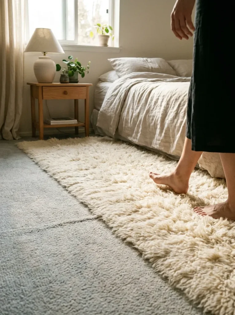 Feet stepping onto wool rug